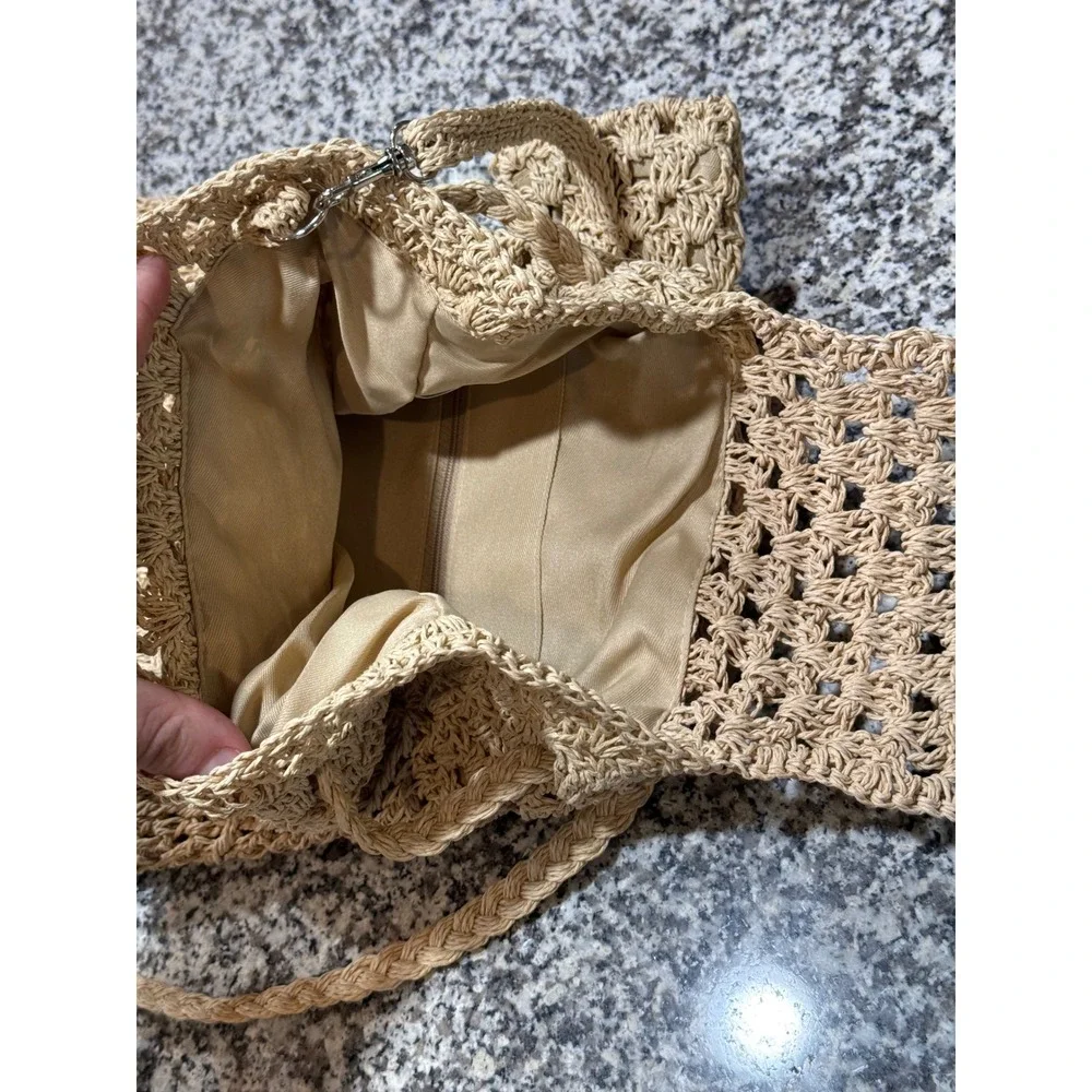 Woven Crochet Backpack Womens OS Tan Straw Paper Boho Coastal Indie Festival 90s